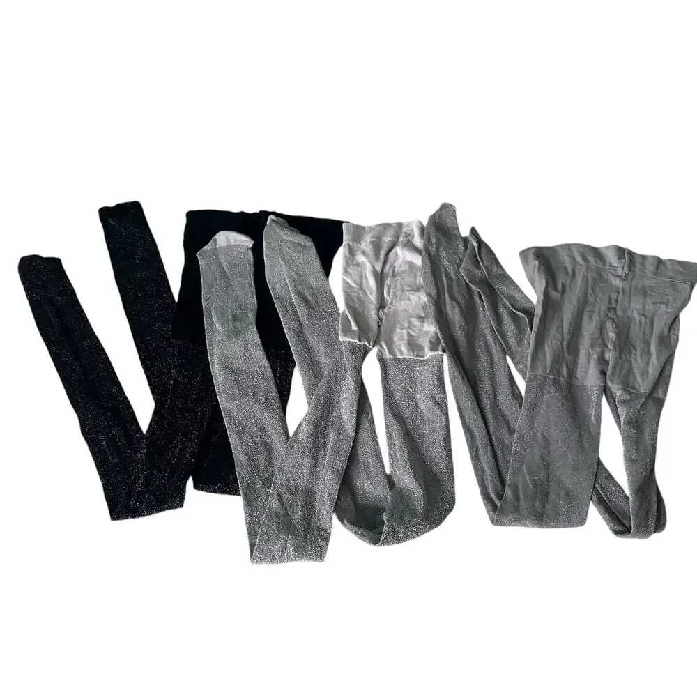 Girls Sparkle Tights Bundle - Black & Silver, Size 6-8